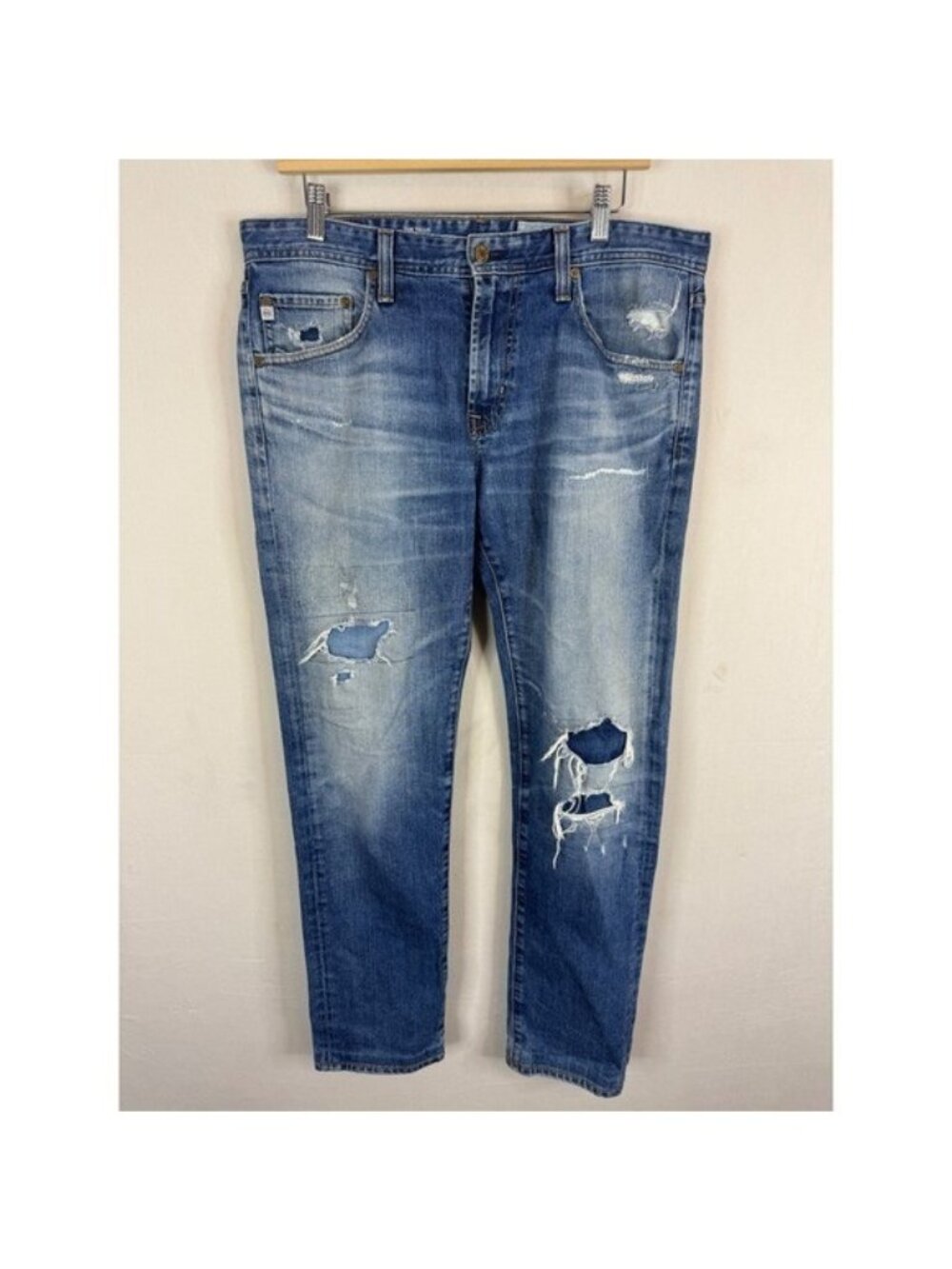 AG Adriano Goldschmied Aged Denim Tellis Slim Distressed Jeans Blue 34X31 Hemmed
